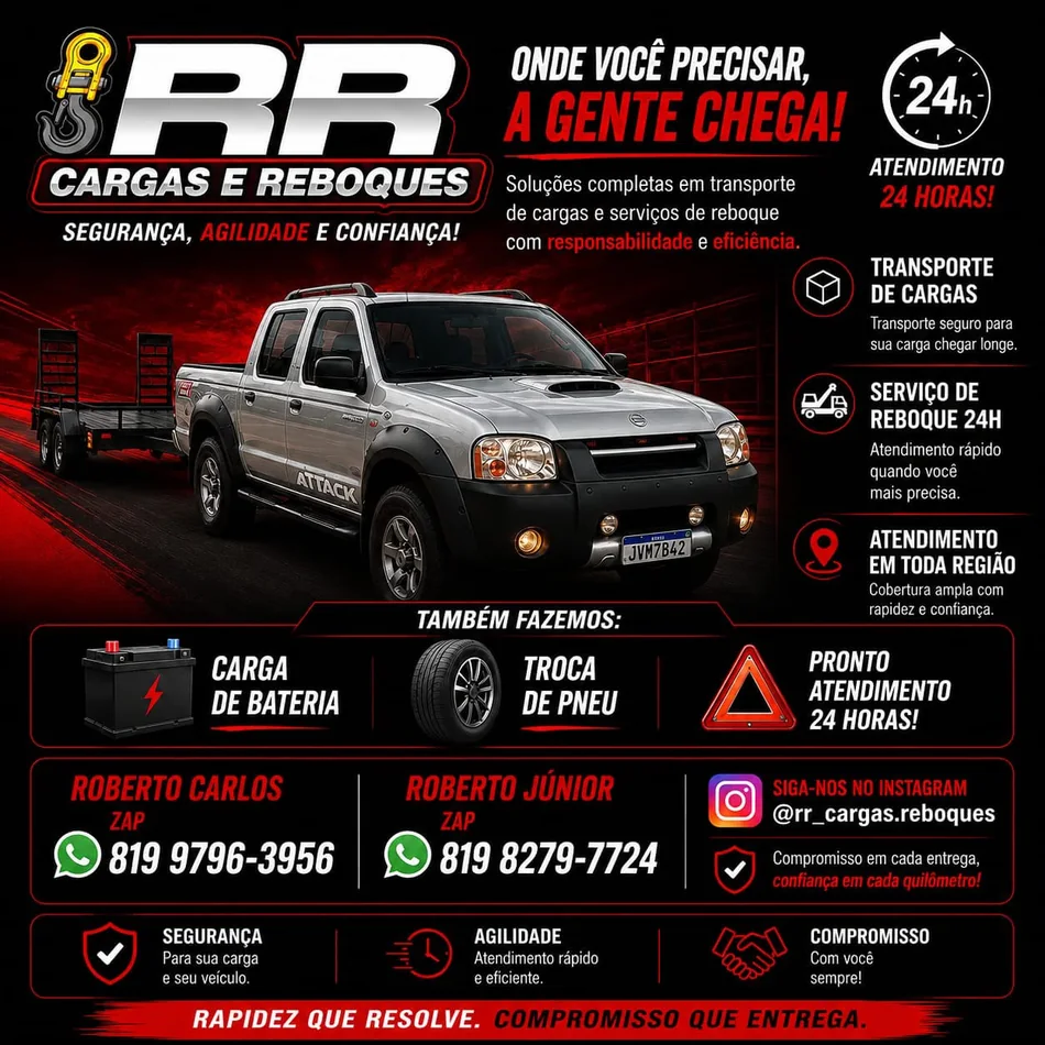 Arte institucional da RR Cargas e Reboques com serviços de reboque, cargas, troca de pneu e bateria
